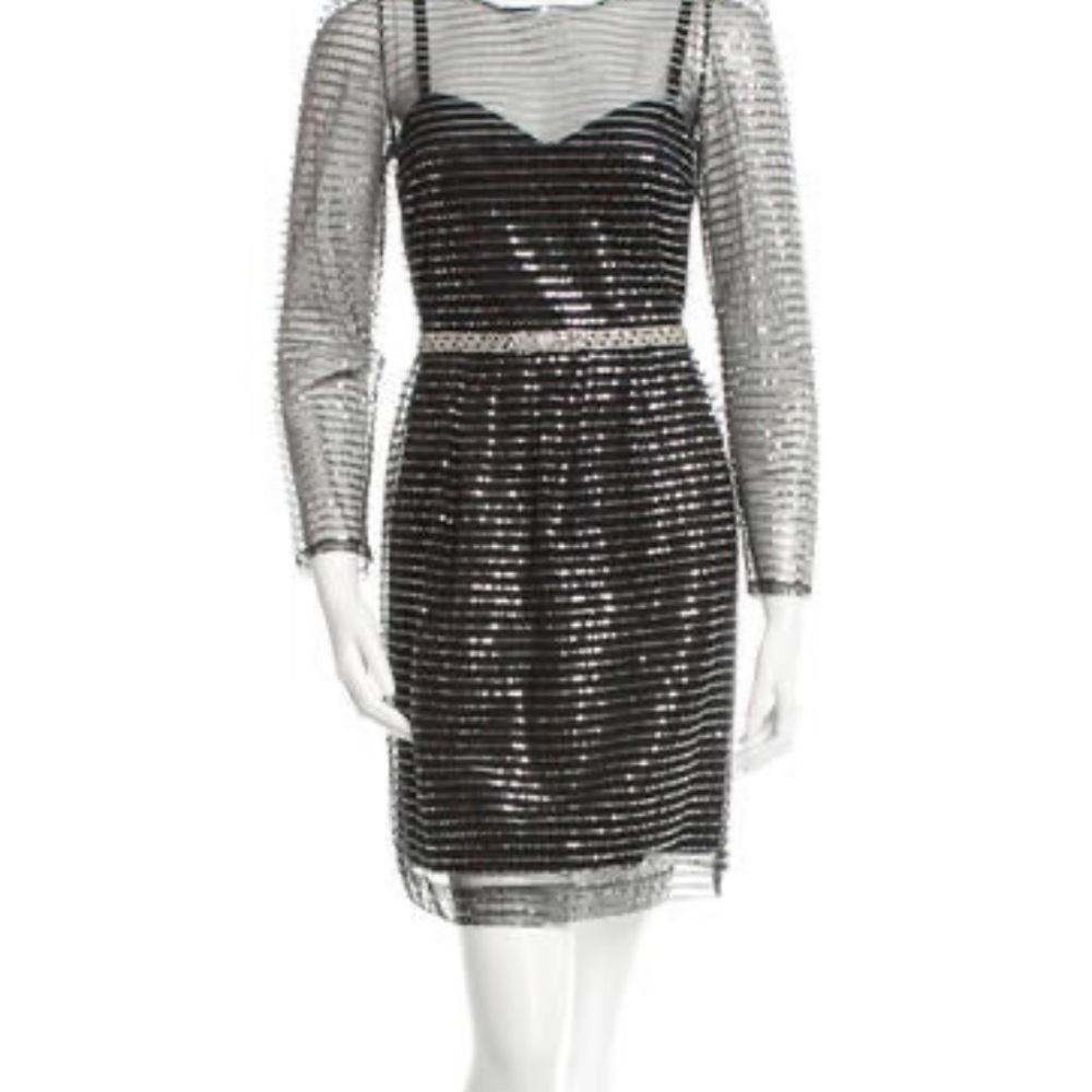 MARC JACOBS Stunning Black Silver Metal Sequin Long Sleeve Mini Cocktail Dress 6